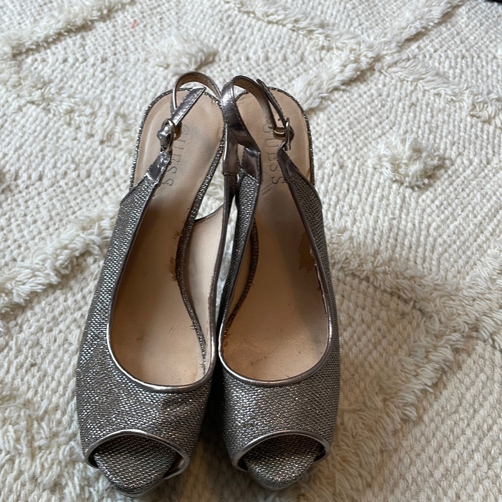Guess pewter platform open toe heel size 7.5